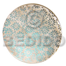 round 40mm hammershell  handpainted design - floral aqua blue/embossed hand painted using japanese materials in the form of maki-e art a traditional japanese form of hand painting - Hand Painted Pendants