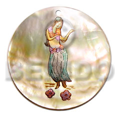 round 40mm MOP  handpainted design - hula girl/embossed hand painted using japanese materials in the form of maki-e art a traditional japanese form of hand painting - Hand Painted Pendants