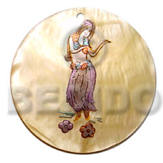 round 40mm MOP  handpainted design - hula girl/embossed hand painted using japanese materials in the form of maki-e art a traditional japanese form of hand painting - Hand Painted Pendants