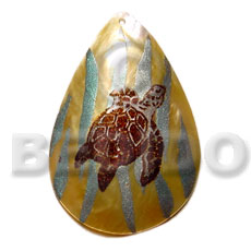 teardrop 45mm MOP  handpainted design - turtle/embossed hand painted using japanese materials in the form of maki-e art a traditional japanese form of hand painting - Hand Painted Pendants