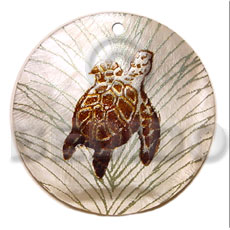 round 40mm hammershell  handpainted design - turtle/embossed hand painted using japanese materials in the form of maki-e art a traditional japanese form of hand painting - Hand Painted Pendants