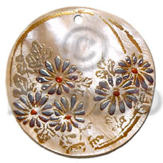 round 40mm hammershell  handpainted design - floral/embossed hand painted using japanese materials in the form of maki-e art a traditional japanese form of hand painting - Hand Painted Pendants