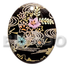 oval 40mm black tab  handpainted design - floral/embossed hand painted using japanese materials in the form of maki-e art a traditional japanese form of hand painting - Hand Painted Pendants