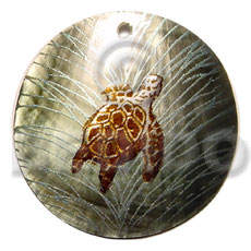 round 40mm blacklip  handpainted turtle design - floral/embossed hand painted using japanese materials in the form of maki-e art a traditional japanese form of hand painting - Hand Painted Pendants