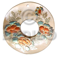 round 50mm kabibe shell donut  handpainted design - floral/embossed hand painted using japanese materials in the form of maki-e art a traditional japanese form of hand painting - Hand Painted Pendants