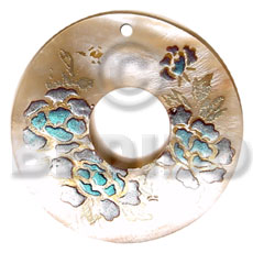 round 50mm kabibe shell  donut  handpainted design - floral/embossed hand painted using japanese materials in the form of maki-e art a traditional japanese form of hand painting - Hand Painted Pendants