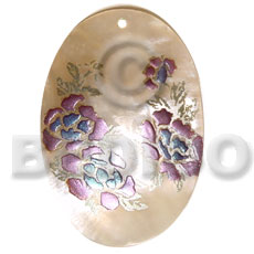 oval 50mm kabibe shell  handpainted design - floral/embossed hand painted using japanese materials in the form of maki-e art a traditional japanese form of hand painting - Hand Painted Pendants