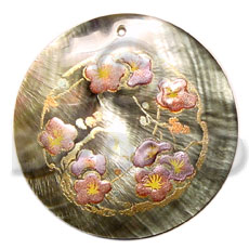 round 40mm blacklip  handpainted design - floral/embossed hand painted using japanese materials in the form of maki-e art a traditional japanese form of hand painting - Hand Painted Pendants