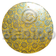 round 40mm yellow hammershell  handpainted design - floral/embossed hand painted using japanese materials in the form of maki-e art a traditional japanese form of hand painting - Hand Painted Pendants