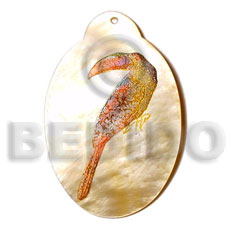 oval MOP 45mm  handpainted embossed parrot hand painted using japanese materials in the form of maki-e art a traditional japanese form of hand painting - Hand Painted Pendants
