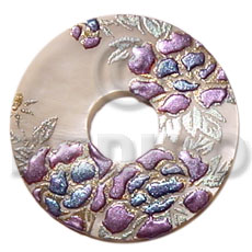 round 40mm  hammershell donut  handpainted design - floral/embossed hand painted using japanese materials in the form of maki-e art a traditional japanese form of hand painting - Hand Painted Pendants