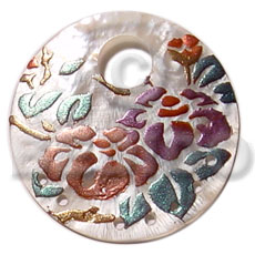 round 40mm  hammershell  12mm hole / handpainted design - floral/embossed hand painted using japanese materials in the form of maki-e art a traditional japanese form of hand painting - Hand Painted Pendants