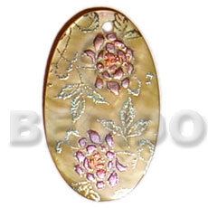 oval 35mm  MOP  handpainted design - floral/embossed hand painted using japanese materials in the form of maki-e art a traditional japanese form of hand painting - Hand Painted Pendants