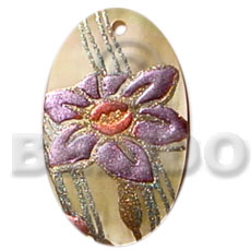 oval 35mm  hammershell  handpainted design - floral/embossed hand painted using japanese materials in the form of maki-e art a traditional japanese form of hand painting - Hand Painted Pendants