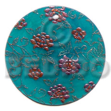 round 35mm  aqua blue hammershell / handpainted design - floral/embossed hand painted using japanese materials in the form of maki-e art a traditional japanese form of hand painting - Hand Painted Pendants
