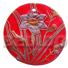 round 40mm  yellow hammershell / handpainted design - floral/embossed hand painted using japanese materials in the form of maki-e art a traditional japanese form of hand painting - Hand Painted Pendants