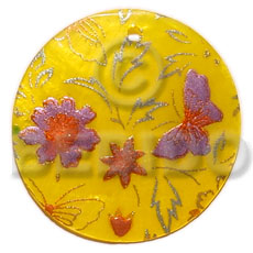 round 35mm  yellow hammershell / handpainted design - floral/embossed hand painted using japanese materials in the form of maki-e art a traditional japanese form of hand painting - Hand Painted Pendants