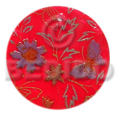 round 35mm  red hammershell / handpainted design - floral/embossed hand painted using japanese materials in the form of maki-e art a traditional japanese form of hand painting - Hand Painted Pendants