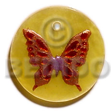 round yellow 30mm  hammershell in resin   handpainted butterfly design - floral/embossed hand painted using japanese materials in the form of maki-e art a traditional japanese form of hand painting - Hand Painted Pendants
