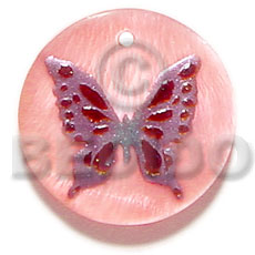 round peach 30mm  hammershell in resin   handpainted butterfly design - floral/embossed hand painted using japanese materials in the form of maki-e art a traditional japanese form of hand painting - Hand Painted Pendants