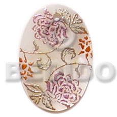 oval 35mm  kabibe shell  handpainted design - floral/embossed hand painted using japanese materials in the form of maki-e art a traditional japanese form of hand painting - Hand Painted Pendants