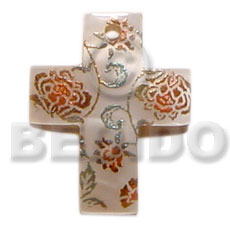 40mm  cross hammershell  handpainted design - floral/embossed hand painted using japanese materials in the form of maki-e art a traditional japanese form of hand painting - Hand Painted Pendants