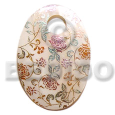 oval 45mm  hammershell  12mm hole / handpainted design - floral/embossed hand painted using japanese materials in the form of maki-e art a traditional japanese form of hand painting - Hand Painted Pendants