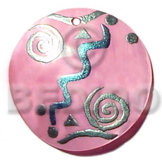 55mm  handppainted / embossed baby pink round kabibe shell hand painted using japanese materials in the form of maki-e art a traditional japanese form of hand painting - Hand Painted Pendants