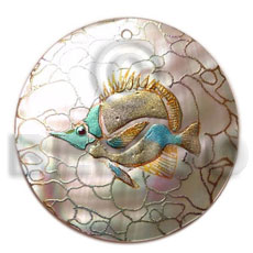 round 40mm hammershell  handpainted design - fish /embossed hand painted using japanese materials in the form of maki-e art a traditional japanese form of hand painting - Hand Painted Pendants