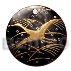 round 40mm blacktab  handpainted design - bird / embossed hand painted using japanese materials in the form of maki-e art a traditional japanese form of hand painting - Hand Painted Pendants
