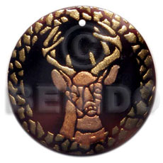 round 40mm blacktab  handpainted design - reindeer / embossed hand painted using japanese materials in the form of maki-e art a traditional japanese form of hand painting - Hand Painted Pendants