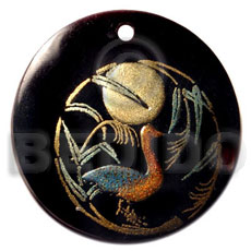 round 40mm blacktab  handpainted design - bird / embossed hand painted using japanese materials in the form of maki-e art a traditional japanese form of hand painting - Hand Painted Pendants