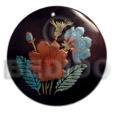 round 40mm blacktab  handpainted design - floral / embossed hand painted using japanese materials in the form of maki-e art a traditional japanese form of hand painting - Hand Painted Pendants