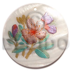 round 50mm kabibe shell  handpainted design - floral / embossed hand painted using japanese materials in the form of maki-e art a traditional japanese form of hand painting - Hand Painted Pendants