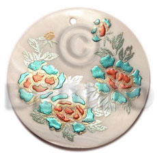 round 50mm kabibe shell  handpainted design - floral / embossed hand painted using japanese materials in the form of maki-e art a traditional japanese form of hand painting - Hand Painted Pendants