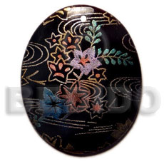 oval 45mm blacktab  handpainted design - floral / embossed hand painted using japanese materials in the form of maki-e art a traditional japanese form of hand painting - Hand Painted Pendants
