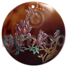 round 40mm blacktab  handpainted design - floral / embossed hand painted using japanese materials in the form of maki-e art a traditional japanese form of hand painting - Hand Painted Pendants