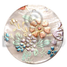 round 40mm hammershell  handpainted design - floral / embossed hand painted using japanese materials in the form of maki-e art a traditional japanese form of hand painting - Hand Painted Pendants