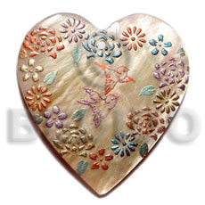 heart 45mm MOP  handpainted design - floral / embossed hand painted using japanese materials in the form of maki-e art a traditional japanese form of hand painting - Hand Painted Pendants
