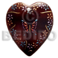 heart 45mm blacktab  handpainted design - floral / embossed hand painted using japanese materials in the form of maki-e art a traditional japanese form of hand painting - Hand Painted Pendants