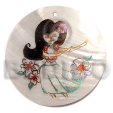 round 40mm kabibe shell  handpainted design -hula girl / embossed hand painted using japanese materials in the form of maki-e art a traditional japanese form of hand painting - Hand Painted Pendants