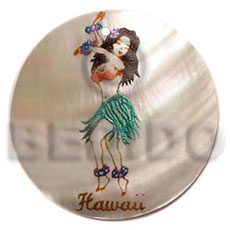 round 40mm kabibe shell  handpainted design -hula girl / embossed hand painted using japanese materials in the form of maki-e art a traditional japanese form of hand painting - Hand Painted Pendants