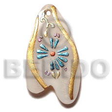 freeform 45mmx35mm kabibe shell  handpainted design - floral / embossed hand painted using japanese materials in the form of maki-e art a traditional japanese form of hand painting - Hand Painted Pendants