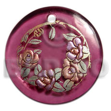 round 40mm transparent violet resin  handpainted design - floral / embossed hand painted using japanese materials in the form of maki-e art a traditional japanese form of hand painting - Hand Painted Pendants