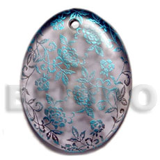 oval 45mm transparent gray  resin  handpainted design - aqua blue floral / embossed hand painted using japanese materials in the form of maki-e art a traditional japanese form of hand painting - Hand Painted Pendants