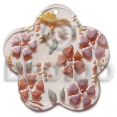scallop 35mm clear white resin  handpainted design - floral / embossed hand painted using japanese materials in the form of maki-e art a traditional japanese form of hand painting - Hand Painted Pendants