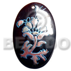 oval 50mmx40mm blacktab shell  handpainted design -  metallic/embossed / floral hand painted using japanese materials in the form of maki-e art a traditional japanese form of hand painting - Hand Painted Pendants
