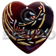 heart 50mmx45mm blacktab shell  handpainted design -  metallic/embossed / bamboo hand painted using japanese materials in the form of maki-e art a traditional japanese form of hand painting - Hand Painted Pendants