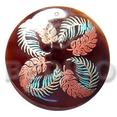 round 50mm blacktab shell  handpainted design -  metallic/embossed / ferns hand painted using japanese materials in the form of maki-e art a traditional japanese form of hand painting - Hand Painted Pendants