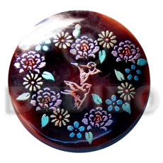 round 50mm blacktab shell  handpainted design -  metallic/embossed / floral hand painted using japanese materials in the form of maki-e art a traditional japanese form of hand painting - Hand Painted Pendants